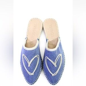 Macarena Womens Double Heart Pointed Toe Iris Mules Blue Brown Cotton Size 38